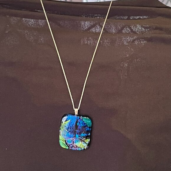 Jewelry - Blue & Green Dichroic Glass Pendant • 18” Italian 925 Sterling Silver Chain